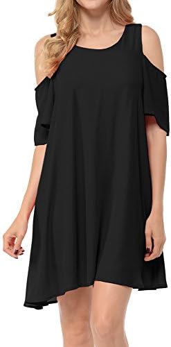 Upparel Women's Open Shoulder Floral Print Chiffon Casual Dress -Made in USA (Medium, Cold Shoulder- Black)