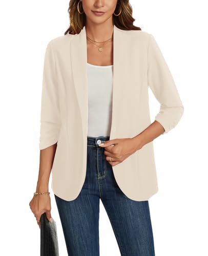 MINTLIMIT Womens Casual Blazers Open Front 3/4 Ruched Sleeve Blazers Solid Color Work Office Jackets Blazer, Beige at Amazon