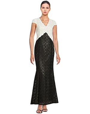 Calvin Klein Colorblocked Lace Cap Sleeve Evening Gown Dress