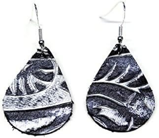 Handmade Silver/Black Western Tooled Small Teardrop Leather Earrings
