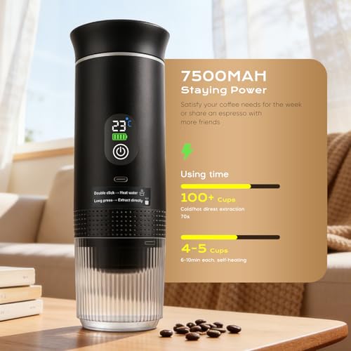 Yaskyly Portable Coffee Maker, 20 Bar, 3 in 1 Portable Espresso Machine Compatible with Small/Large Capsules and Ground Coffee, Self-Heating, Portable Coffee Maker for Travel, Camping Car