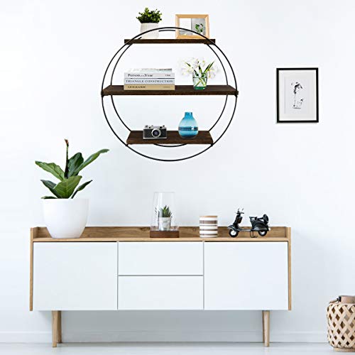 Floating Wall Shelves, Befayoo Rustic Decor Geometric Wood Shelf for Bedroom, Living Room, Bathroom, Kitchen, Office (Round, Retro Brown)