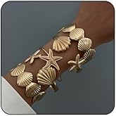 MIFYNN 5pcs Chunky Gold Starfish Shell Bangle Bracelet Set for Women Stackable Beach Cuff Bangle Bohemian Starfish Open Bracelets Adjustable Beach Jewelry Summer Charm Bracelet for Women