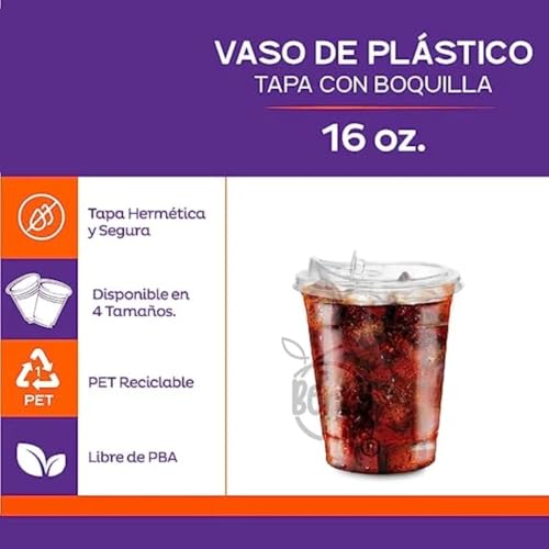 ROSE IMPACT Vasos Transparentes 16 oz con Tapa Tipo Boquilla para Bebidas Frías – Packs de 50 o 100 Piezas, Vasos con Tapa Incluida, Presentación Profesional (100)