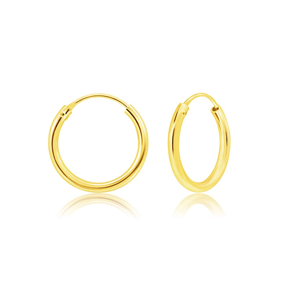 DTPsilver® 925 Sterling Silver Yellow Gold Plated SMALL Hoops/Sleepers Earrings - Thickness 2 mm - Diameter 14 mm