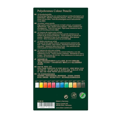 Faber-Castell Art & Graphic Polychromos Colour Pencil, Multicoloured, Tin Of 12, For Art, Craft, Drawing, Sketching, Home, School, University, Colouring