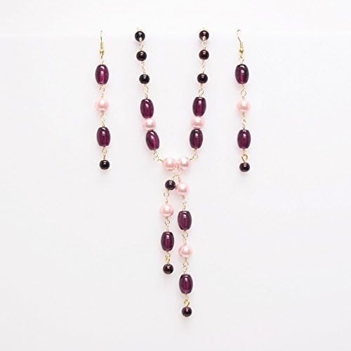 Eggplant Color Pendant Necklace Earring SET - Purple Light Pink Glass Pearls 2.5 & 22-in