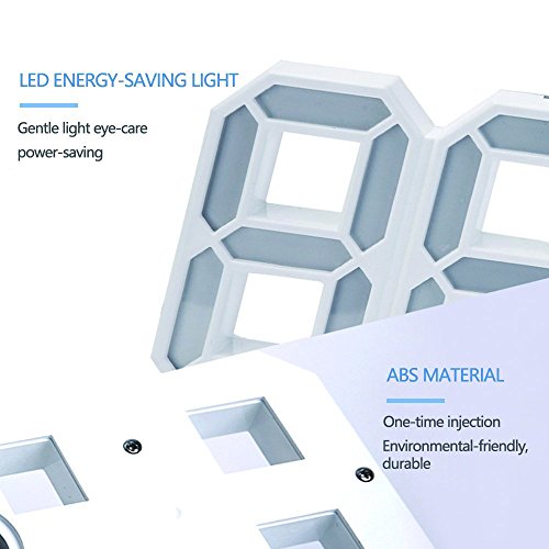 LED Digital Alarm Clock For Desk / Shelf / Tabletop, Modern Home Decoration 3D Wall Clock, Easy To Read at Night, Loud Alarm and Snooze, Big Digit Display (White Frame, White Light)