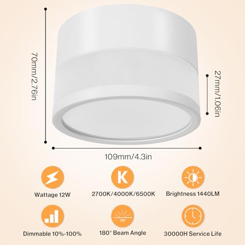 URing 4 x LED Surface-Mounted Spotlights, Dimmable, IP65 Ceiling Light, Surface-Mounted with Remote Control, App, 12 W Ceiling Spotlights, White, 2700 K - 6500 K, Surface-Mounted Spotlight, Flat Aluminium, 230 V Ceiling Light, Round Bathroom Lamp, Diameter 10 cm