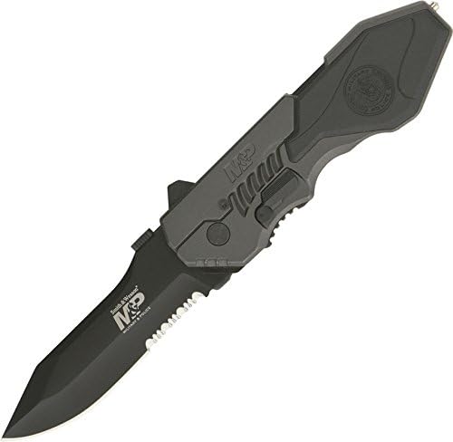 Smith & Wesson SWMP4LS 8.6in S.S. Assisted Folding Knife with 3.6in Serrated Clip Point Blade and Aluminum Handle for Outdoor Tactical Survival and EDC