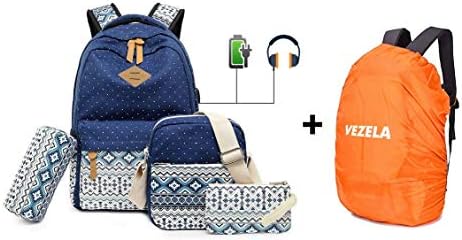 Vezela® Set of 4 Casual Vezela 4Pc Combo of Laptop Bag with USB Charging Feature with Lunch Bag, Pencil Case & Pouch-Backpack for School/Collage with Padded Panels (Blue with Rain Cover)