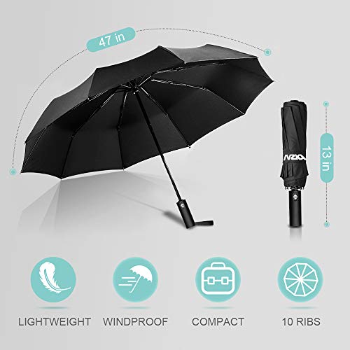 Wsky Auto Windproof Umbrella - Best 10 RIBS Folding Travel Umbrella with Bonus Leather Cover for Men Women - Perfect for Travel, Rain, Storms, Hail or Harsh Outdoors - Thumbnail 3