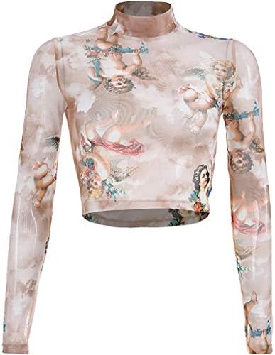 Women Turtleneck Long Sleeve Angel Print Short Navel Top Crop T-Shirt (Coffee, L)