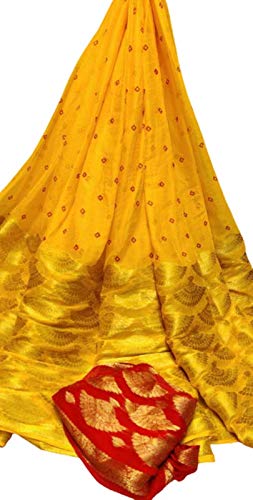 Geeta Creations Women Naylon Chiffon Zari Fabric Saree (Fe68Ir16_Yellow_Free Size)