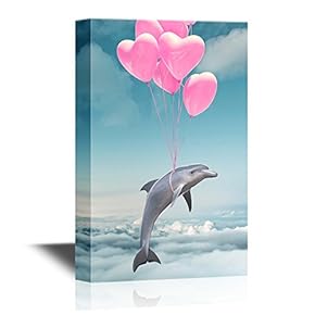 Nursery Art Canvas Wall Art - Dolphin Lifted Above The Clouds by The Pink Heart Shaped Balloons - Gallery Wrap Baby/Kids Room Decoration | Ready to Hang - 12x18 inches