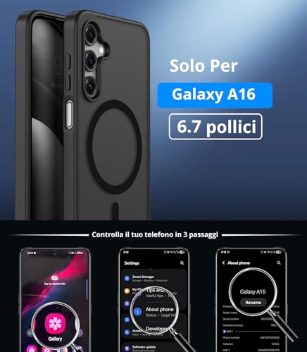 Vansdon Magnetic Cover for Samsung Galaxy A16 4G/5G with 1 Piece Tempered Glass, Magsafe Compatible, Military Grade Fall Protection, Translucent Matte Slim Shockproof Case, Black