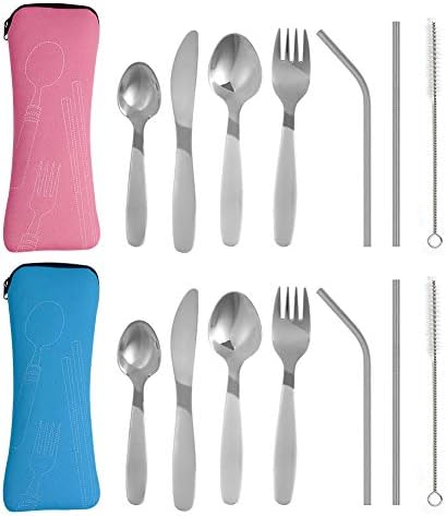 2 Pack 18/8 Stainless Steel Kids Silverware Set - Toddler Utensils Set - Children's Safe Flatware Set with Straws for School Lunch - Dishwasher Safe -Silver