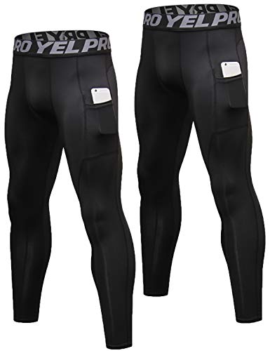 Lavento Men's Compression Pants Baselayer Cool Dry Pocket Running Ankle Leggings Active Tights (2 Pack-3911 Black,Medium)