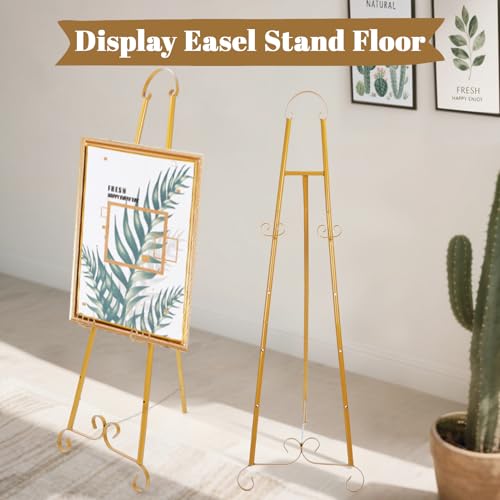 2Pcs Soporte de caballete dorado para carteles, caballetes de suelo para exposición, 3 estantes ajustables y estabilidad elegante, para cumpleaños, bodas, exposición de pósteres de pintura