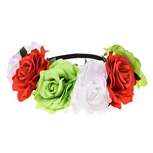 June Bloomy Rose Floral Crown Garland Flower Headband Headpiece for Wedding Festival (White Red Green) - Thumbnail 2