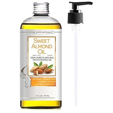 Sweet Almond Oil for Hair and Skin, 100% Pure and Cold Pressed, Hexane Free, Skin Moisturizer, Nails, Therapeutic Massage, Carrier Oil – by Pure Body Naturals 16 Fl. Ounce (Label Varies)