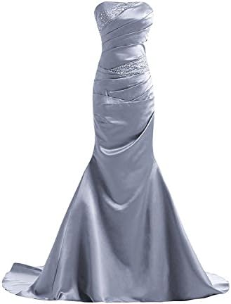 YanLian Women's Strapless Beading Mermaid Dress Empire Satin Evening Gown Silver us8