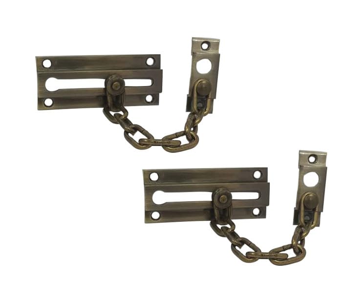 QCAA Solid Brass Chain Door Guard, with 9 Links Steel Chain, Antique Brass, 2 Pack, Made in Taiwan