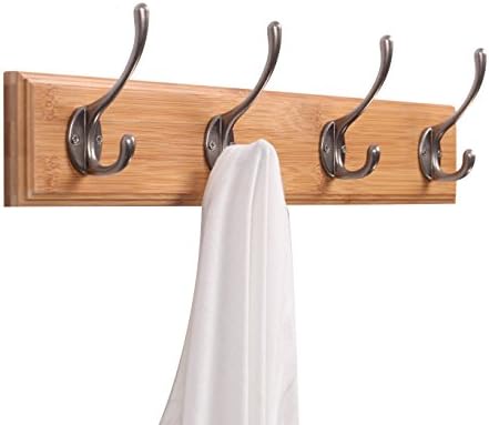 Modern Hook Rail/Coat Hat Rack with 4 Heavy Duty Coat and Hat Hanging Hooks, 19-Inch Wall mounted Jacket Clothes Towel Scarf Hanger,Flat Natural, Bamboo