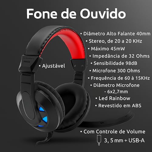 Combo GAMER 4 em 1 MTS, Nightmare • Mouse 4D - 3600 Dpi • Teclado RGB LED Rainbow Anti-Ghosting • Fone e Microfone Headset 45mW Stereo • Mousepad 290x250 • Quality Premium • Setup Gamer