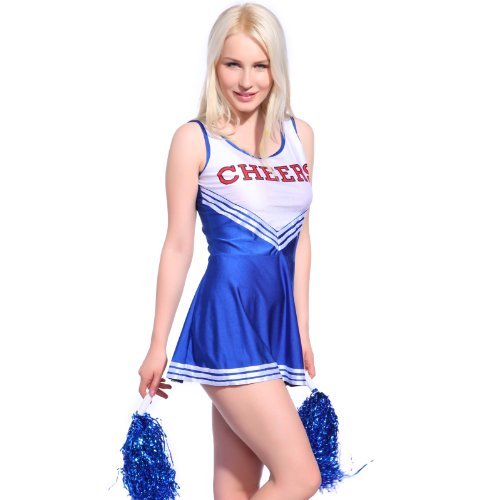 Anladia Mädchen Cheerleader Kostüm Dame Halloween Kostüm Kleid Cheerleading Bekleidung mit 2 Pompoms Blau