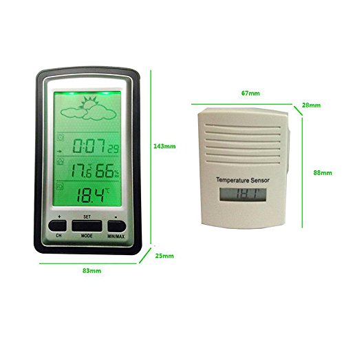 Icarekit Wireless LED Backlight Weather Station with IN/OUT Temperature Station featuring Time zone setting Perpetual calendar Time alarm - Thumbnail 2