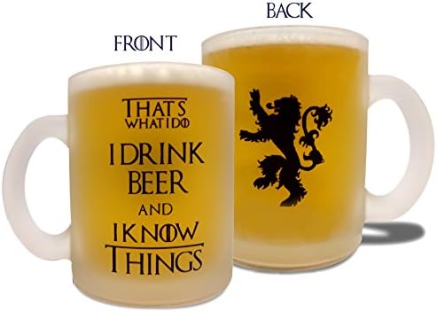 I Drink Beer &amp; I Know Things - 10oz Beer Mug - Game of Thrones Inspired - Thick Frosted Glass - Perfect Gift - Secure Foam Box Packaging