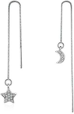 Sterling Silver Plated asymmetric AB Style CZ Moon and star Ear Line Threader Dangle Drop Earrings