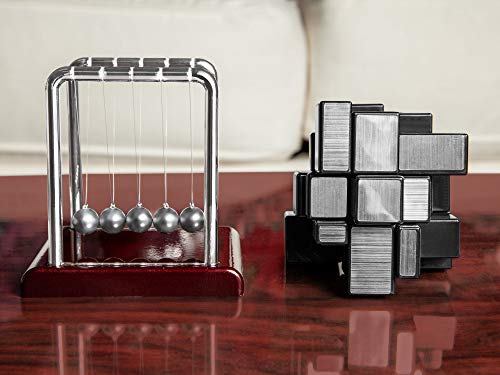 The Paragon Executive Set, Newton's Cradle & Cube Puzzle, Fun Size Mini Pendulum Ball Desk Toy Along with a Mirror Cube, Rotating Puzzle, Silver Brainteaser - Thumbnail 5