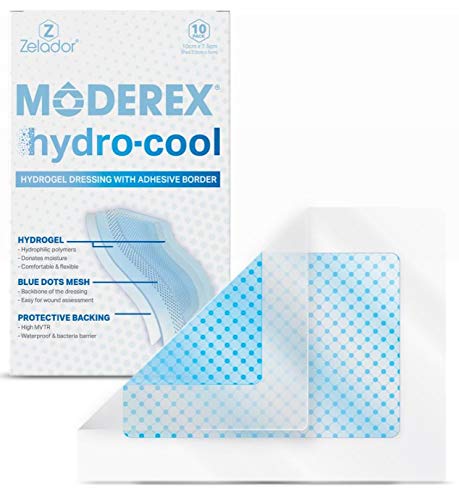 Moderex Hydrocool Hydrogel Dressings for Dry Wounds, Secondary Burns and Rehydrating necrotic Tissue (10x7.5cm x 10 with Border)