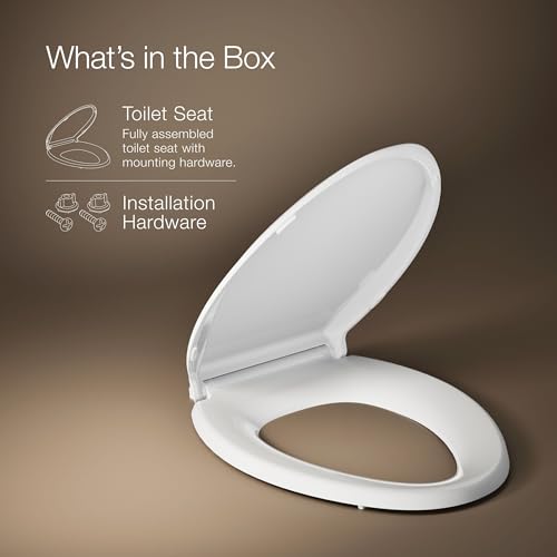 KOHLER 4636-RL-0 CACHET READYLATCH ELONGATED TOILET SEAT SLOW CLOSE, SOFT CLOSE TOILET SEAT QUIET LID, CONTOURED GRIP-TIGHT BUMPERS INSTALLATION HARDWARE, APARTMENT ESSENTIALS, WHITE