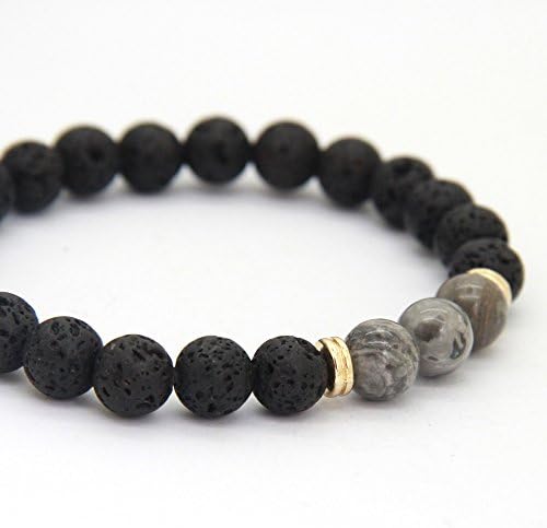 Dilusso Boho Lava Stone Grey Picasso Jasper Gemstone Yoga Beaded Bracelet Mens Womans