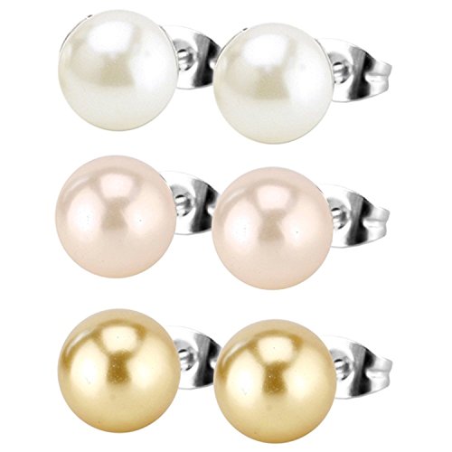 Charisma 8mm Composite Shell Pearls Stud Earrings Round Ball Imitation Pearl Earrings Hypoallergenic 3 Pairs White, Light Peach, Gold Color