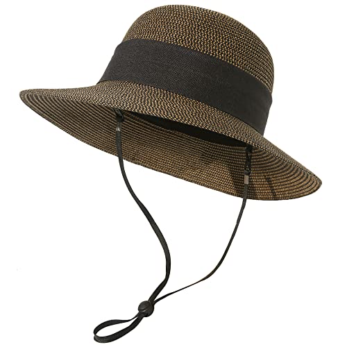 Lanzom UPF50+ Women Wide Brim Straw Panama Sun Hat Boater Summer Beach Sun Hat (Z-Beige