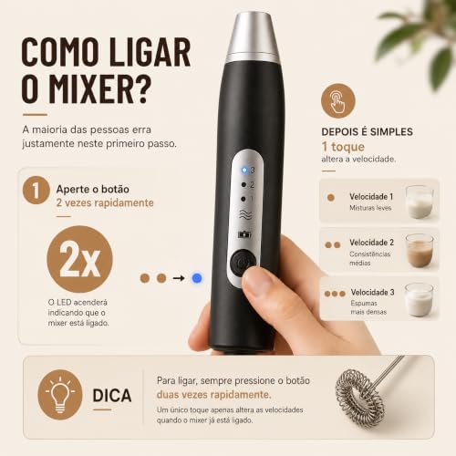 Mini Mixer Portátil USB Recarregável | Espumador de Leite e Café, Batedor de Ovos, Whey e Outras Bebidas, 3 Velocidades