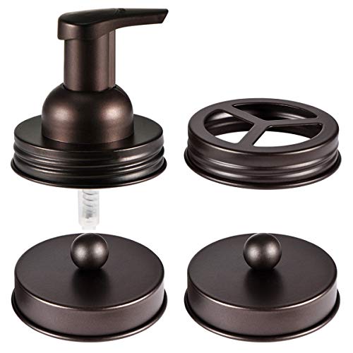 Stainless Steel Bathroom Accessories Set-Mason Jar Soap Dispenser Lid & Toothbrush Holder Lid,Bathroom Kitchen Rustic Modern Farmhouse Premium Mason Jar Decor (Jar Not Includ) (Bronze, 4)