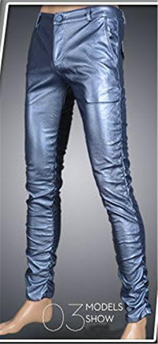 Zdddykyou Special Spring Autumn Tight Faux PU Leather Pants Men Solid Slim Fit Skinny Men Trousers (Asian Size) PEARL BLUE30