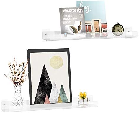 Wall Shelves, 24 inch Acrylic Floating Shelves Set of 2, Heavy Duty Wall Mount Kid BookShelf, Kitchen Spices Rack, Decor Bedroom, Livingroom, Bathroom Shelves, Both Screws and Adhesive, No Drilling