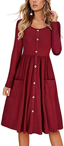 FAVALIVE Womens Dresses Casual Button Down V Neck Swing Midi Dress with Pockets
