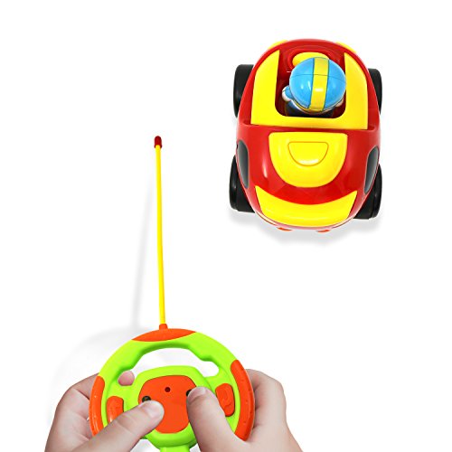 Big Mo's Toys Cartoon RC Race Car - Beginner's Remote Control for Toddlers and Kids with Sounds, Music, Flashing Lights and Removable Driver Action Figure - Easy Steering Wheel Controller