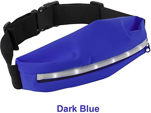LED Light Slim Running Belt Fitness Waist Pack Zippered Pocket Jogging Sports Fanny (Dark Blue)