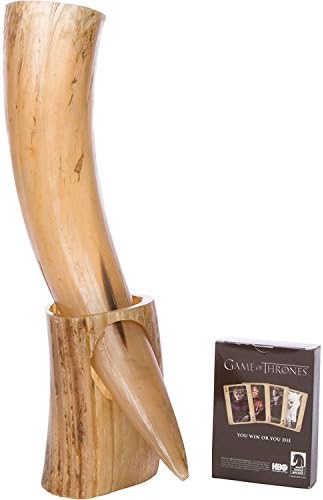 Naturally Nature Viking 12oz Drinking Horn with stand Handcrafted Extra Large - Authentic Medieval Inspired Mug, Game of Thrones Playing Cards included
