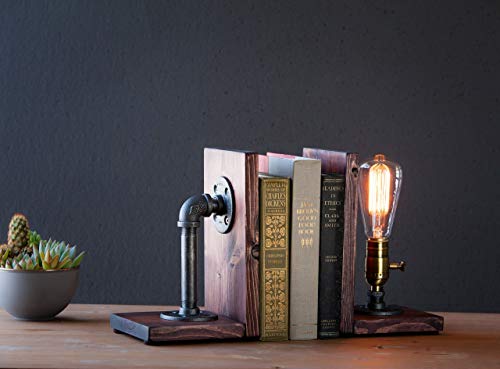 Industrial Steampunk bookend table pipe lamp with Classic Edison bulb and oak wood base