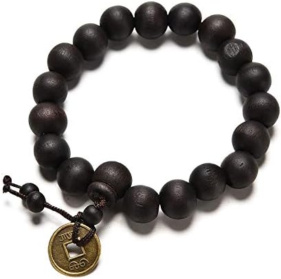 Crescent Ethnic Black Wooden Buddha Bead Elastic Bracelet for Men and Women with Good Luck Feng Shui Bronze Metal Fortune Lucky Coin for Wealth and Health (Free Size)