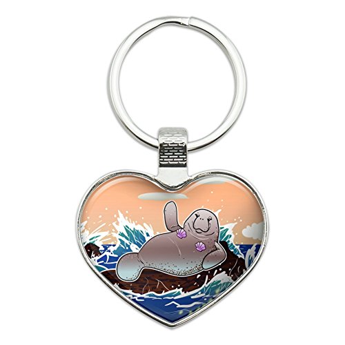 Waving Manatee Mermaid On Rocks And Waves Funny Heart Love Metal Keychain Key Chain Ring